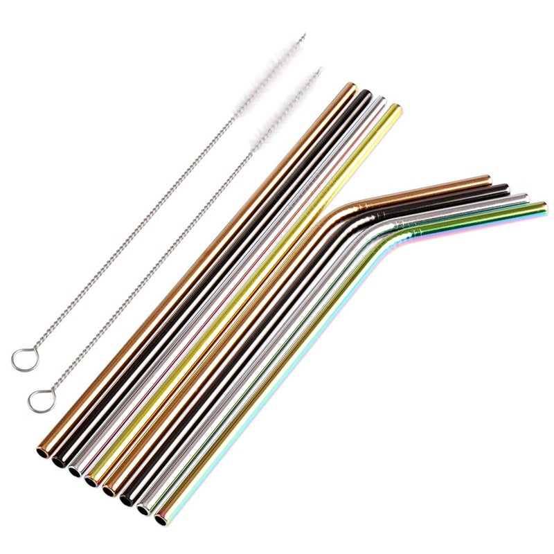 H&S Reusable Metal Straws for Drinking - 8pcs - Multi Colored Stainless Steel Straw Set - With Cleaner Brush & Pouch - Image 2